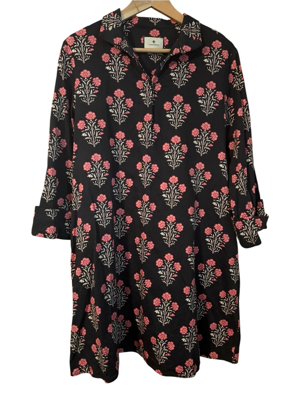 Tuckernuck Black Dahlia Megan Midi Tunic Block Print Dress Cuffed Sleeve Pockets